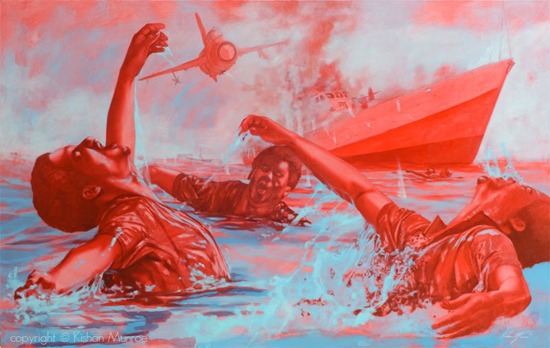 Blue and red painting of figures struggling to swim away from a sinking boat that has been bombed.